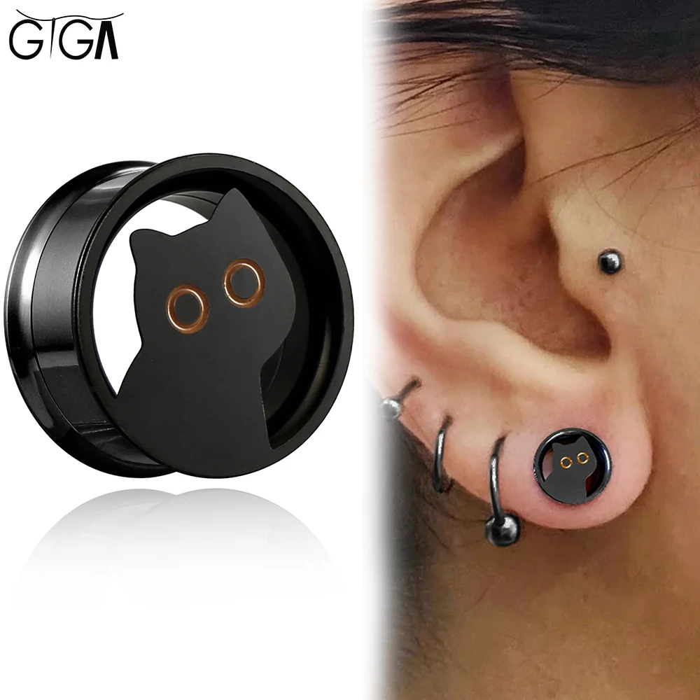 

Giga 2PCS Cute Cat Ear Tunnels Plugs Gauges Expander Stainless Steel Double Flare Stretcher Earrings Body Piercing Jewelry