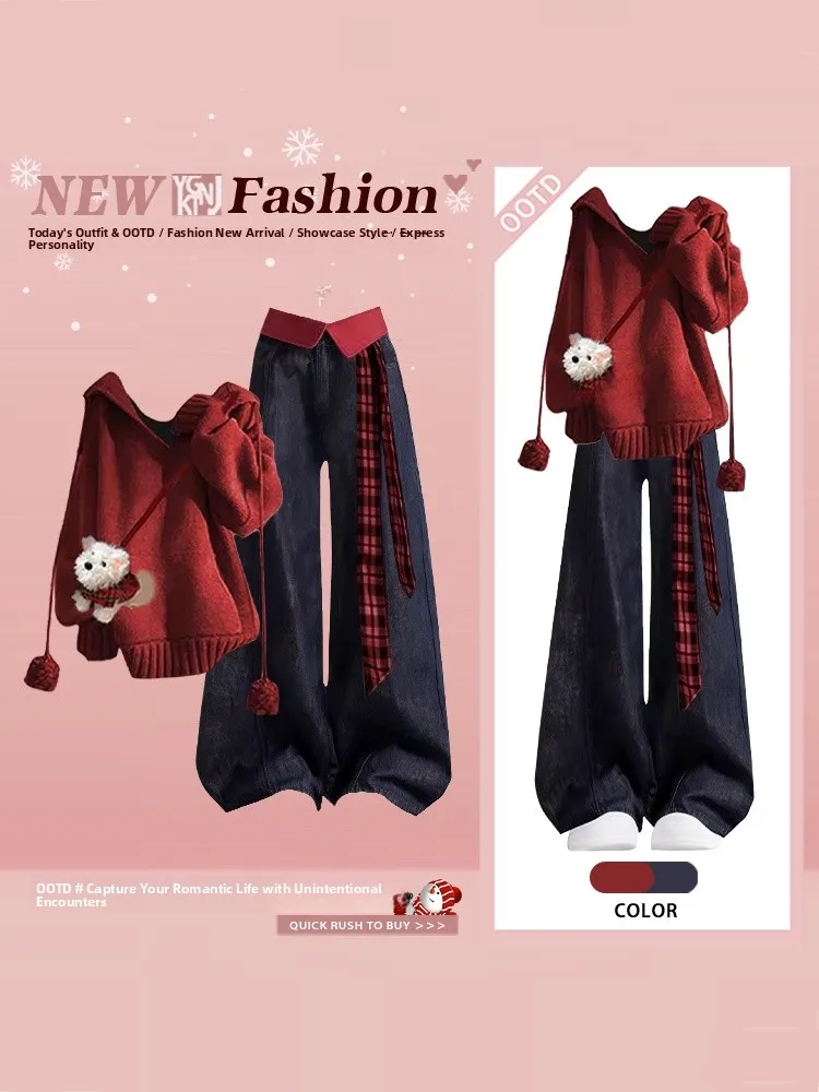 

New Year Red Knitted Hat Sweatirt Plaid Belted Jeans Two-Piece Set Women Casual Sle Winter Collection Faion Ensemble