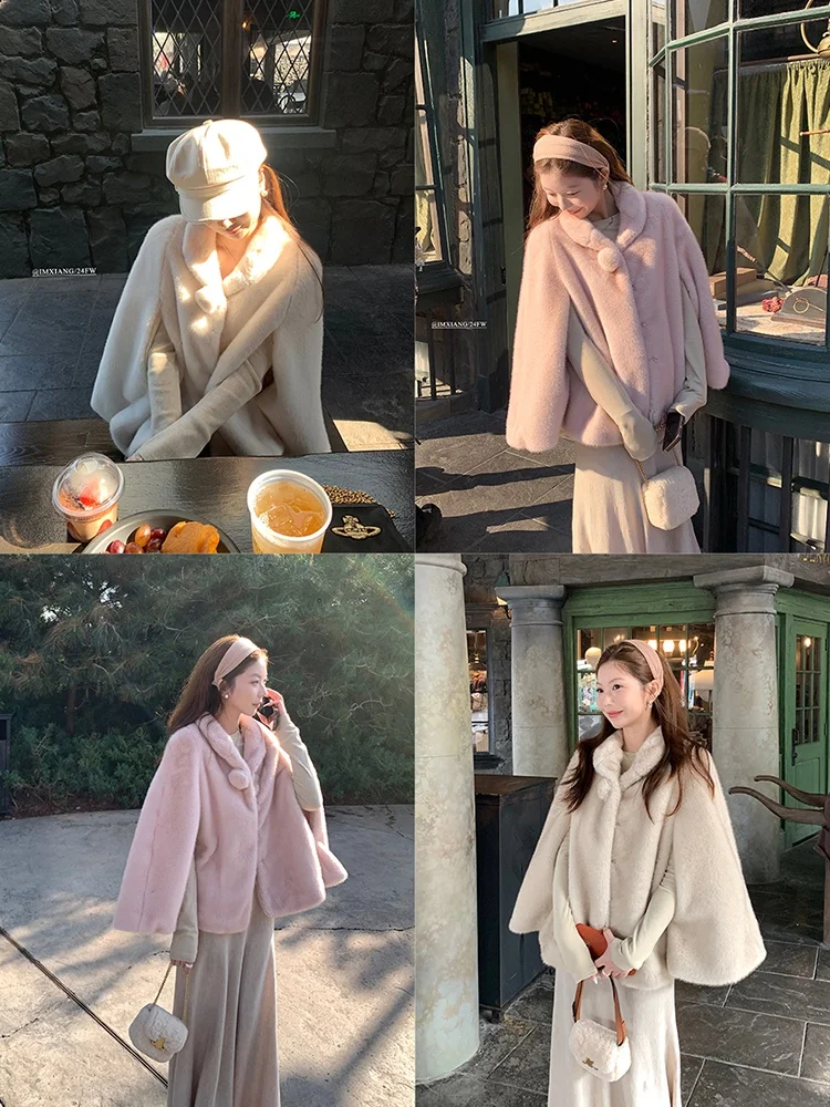 

Imxiang Mink Imitation Fur Ball Trimmed Wrap Coat Women's Winter Outerwear Thiened Regular Length 8-24 Years Old