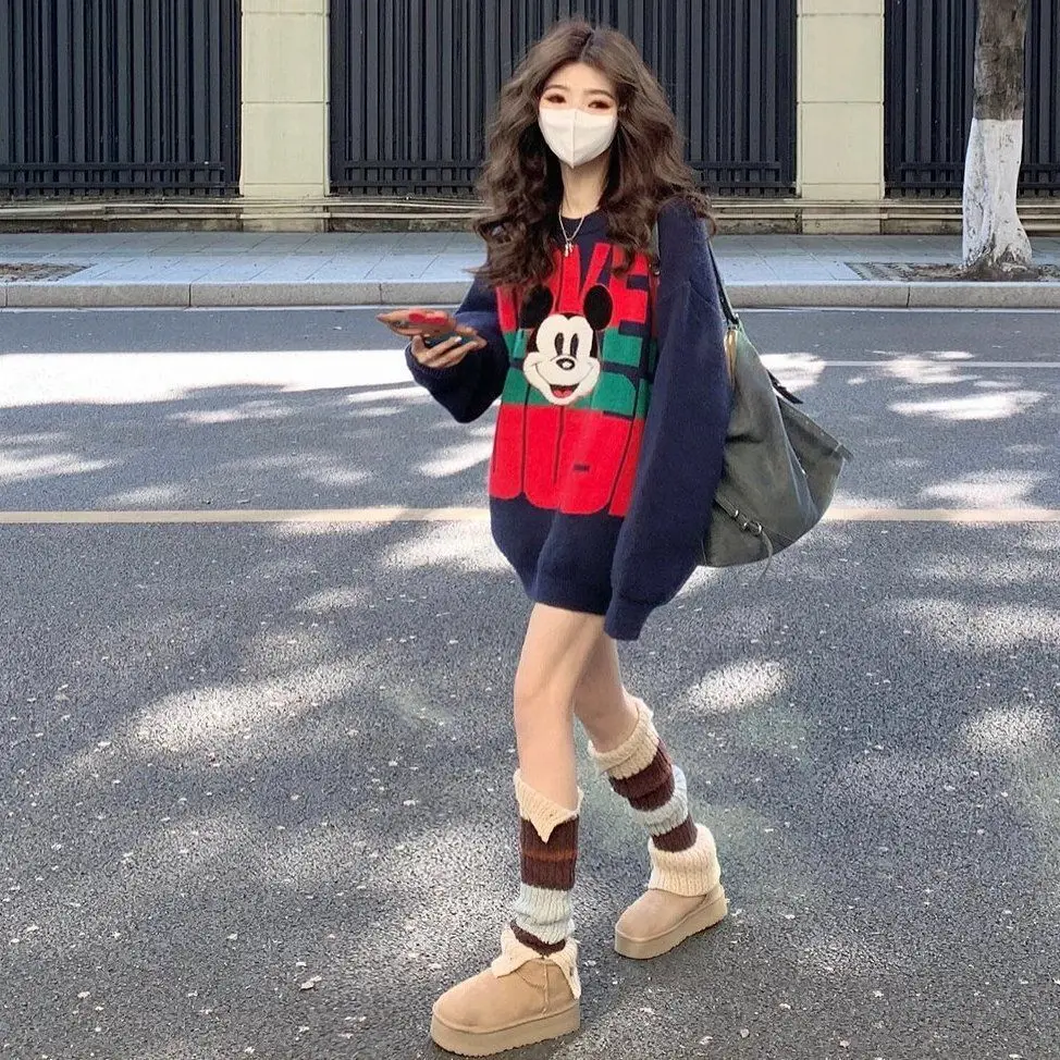 Disney Mickey Y2k Academy Style Sweet Sweater Female Autumn Winter Cartoon Letter Jacquard Knit Tops Women Round Neck Sweatshirt