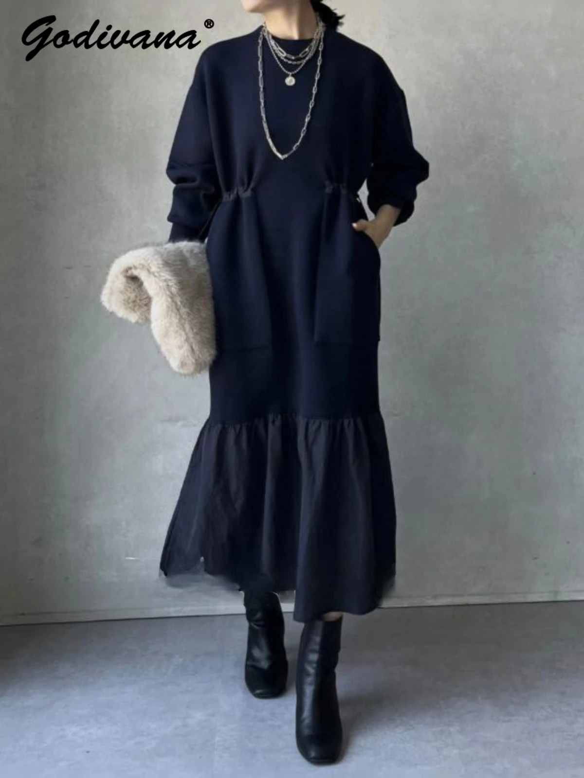 Japanese Niche Female Retro Drawstring Waist Casual Sweatshirt Hoodie Dress New Spring and Autumn Ruffle Edge Fishtail Dress