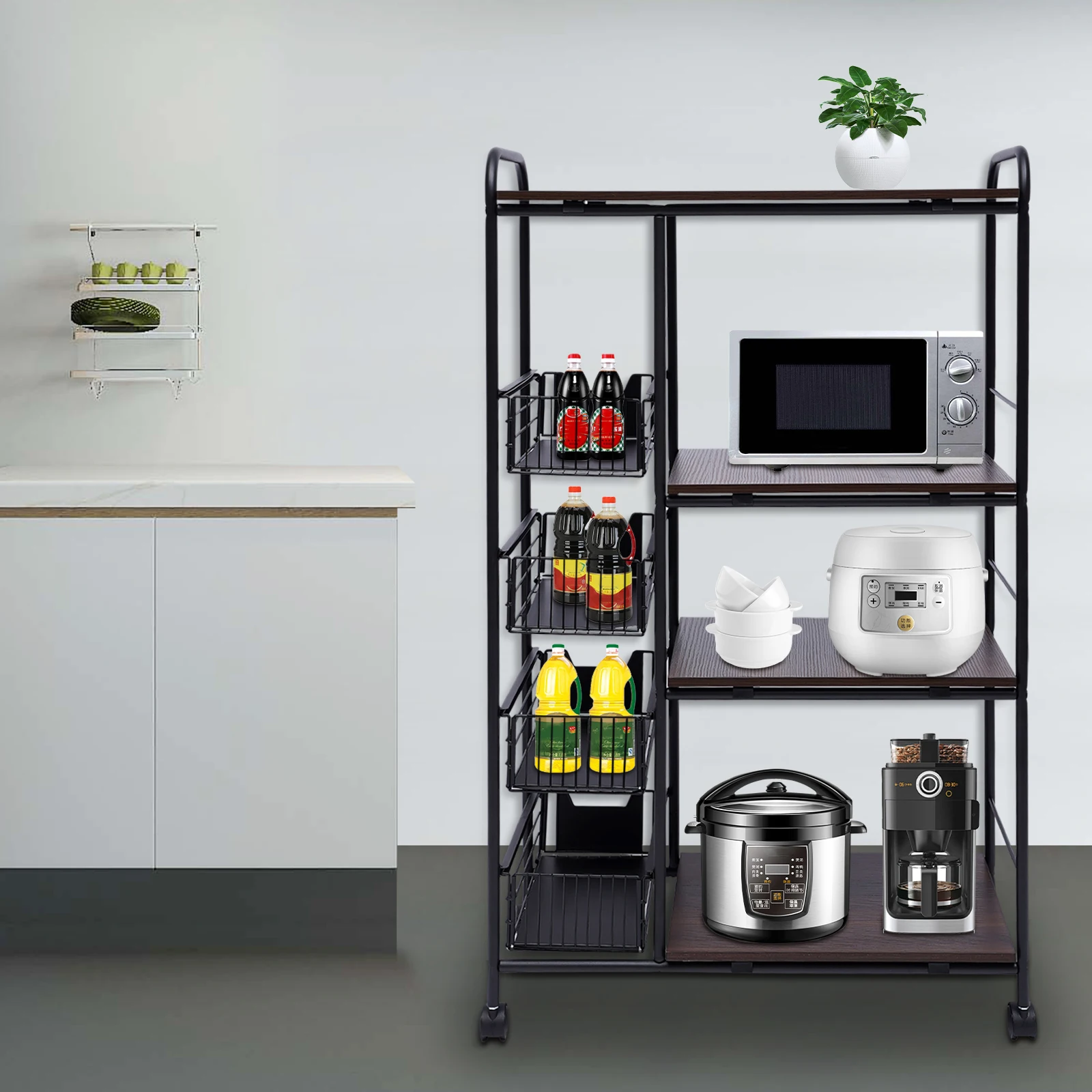 4-Tier Kitchen Storage Shelf 360° Rolling Display Rack Trolley 4 Push-Pull Drawer, Utility Cart Metal Basket Fruit Vegetable Bin