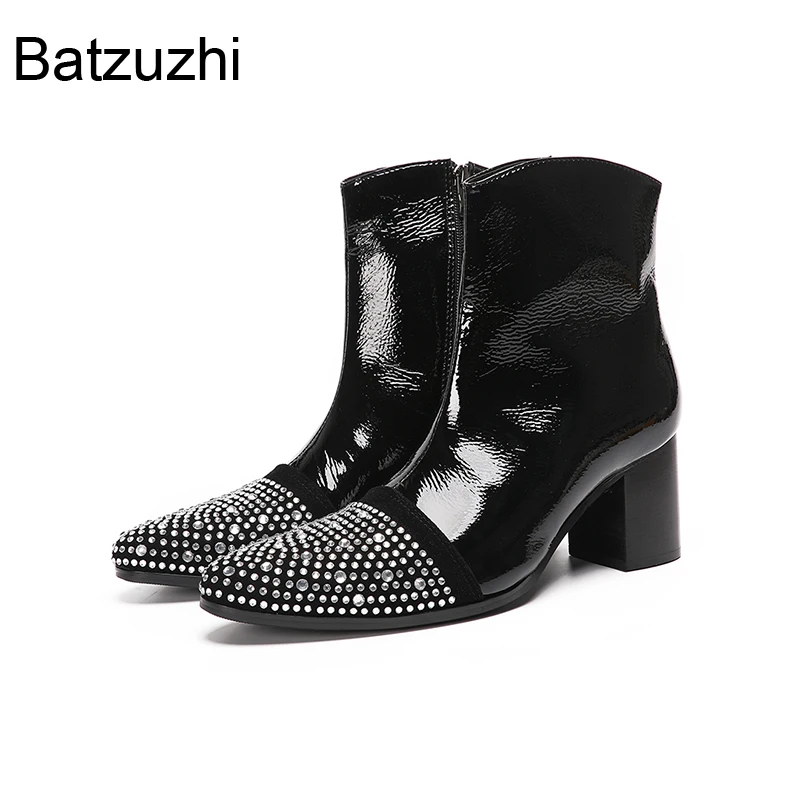 Batzuzhi 7CM Heels Man Shoes Boots Pointed Toe with Blink Rivets Black Genuine Leather Short Boots Man Leather Knight Boots