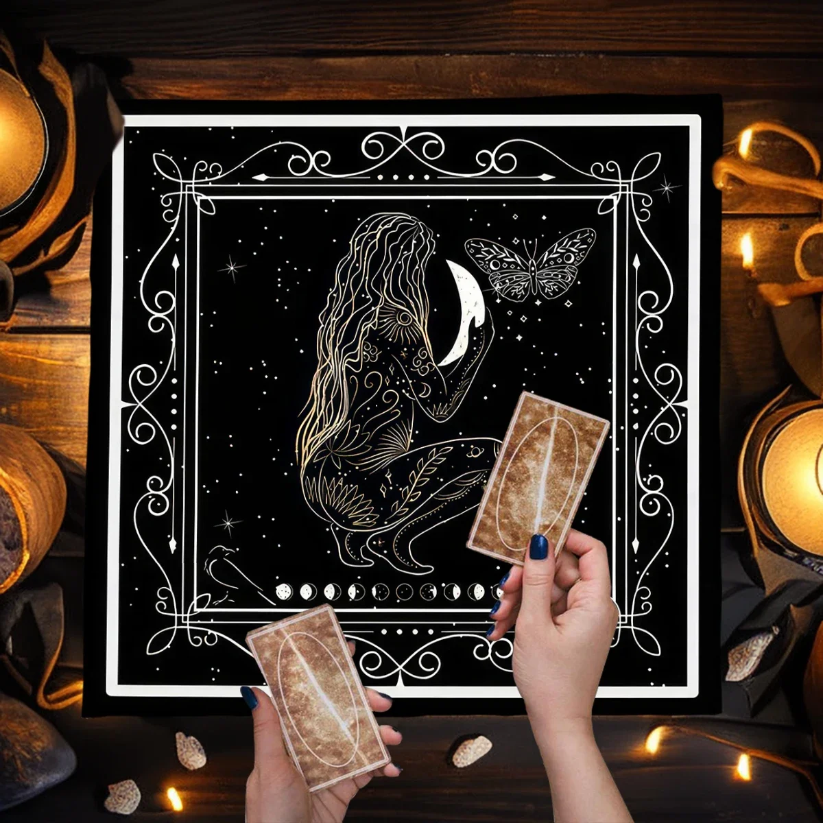 Moon Night Long Hair Woman Tarot Card Tablecloth Altar Cloth Magic Witch Moon Phase Starry Sky Butterfly Tarot Table Cloth