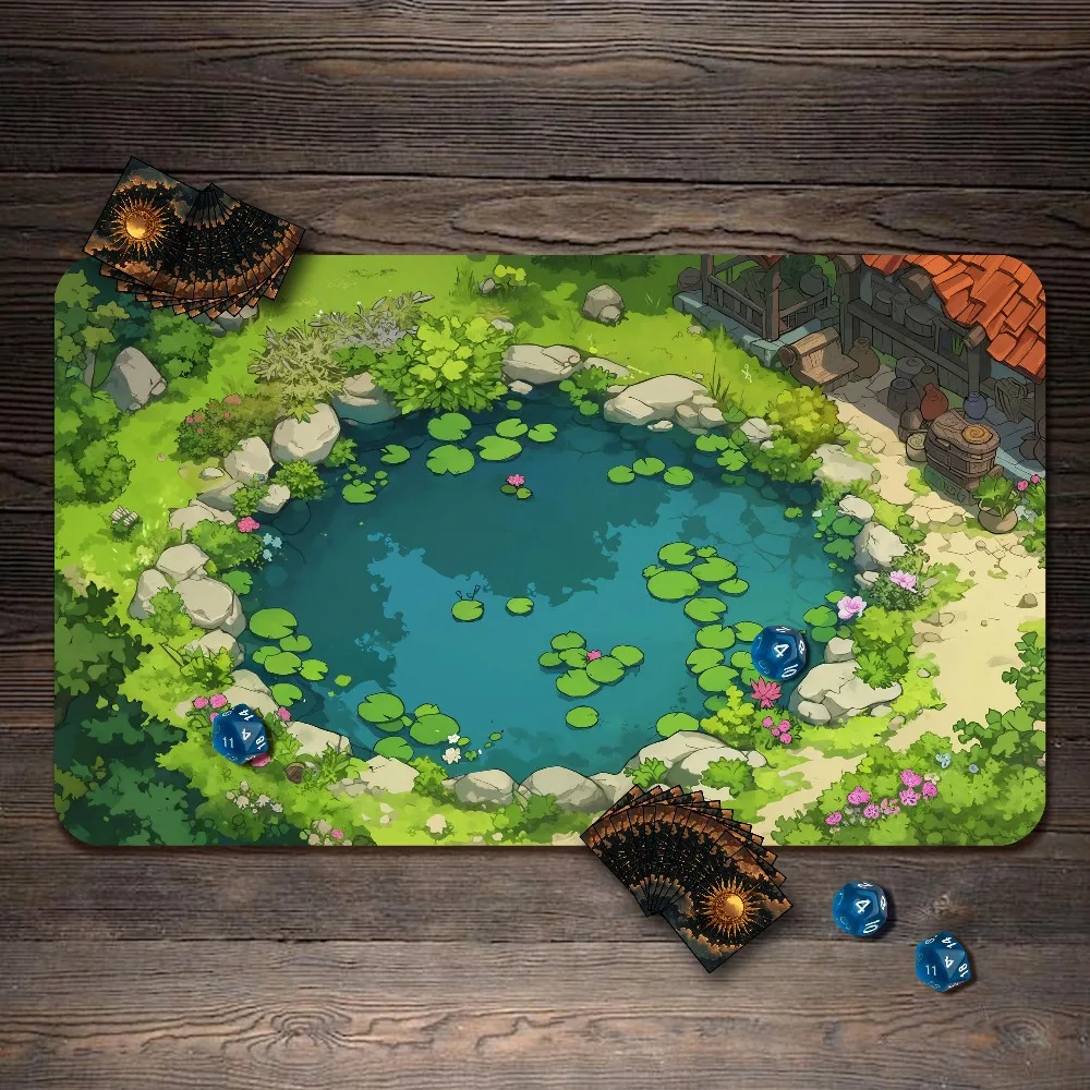 Anime Cottage Pond Scenery TCG Playmat Lily Pad Lotus Pond Garden Backyard Cozy Desk Mat for Card Game Esports Office Home Gift