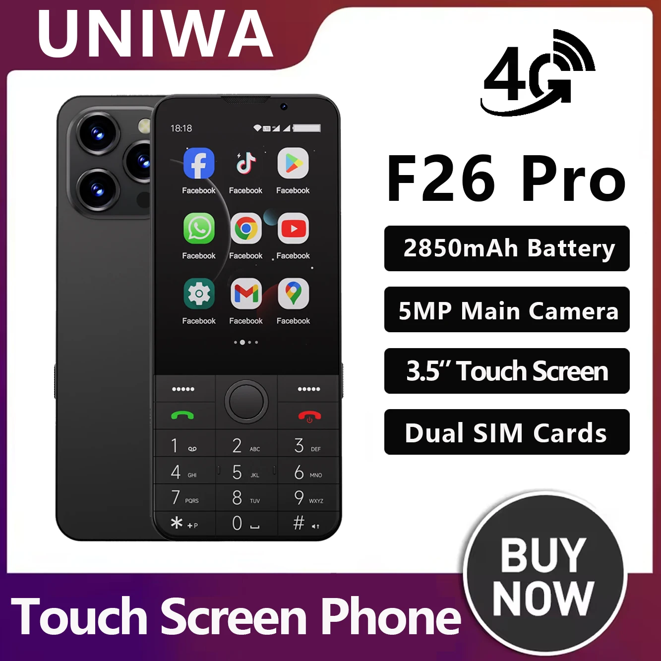 UNIWA F26 Pro 4G 3.5'' Touch Screen Keypad Phone Android 11 2GB+16GB 2850mAh Dual SIM Card Cellphone Whatsapp Google Smartphone