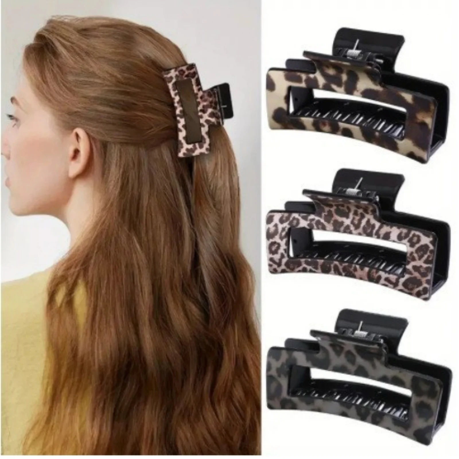 

4 шт., винтажный квадратный леопардовый зажим с принтом, женский маленький зажим в виде акулы, объемный низкий зажим для волос, зажим для волос премиум-класса, доступ к волосам