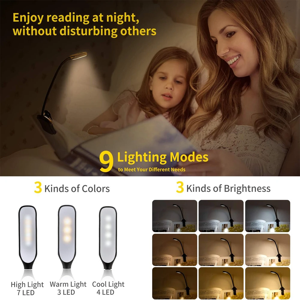 2 Pack 7 Led Reading Light 3 Level Book Light Usb Rechargeable Flexible Mini Clip Desk Lamp Read Reading Night Light Portable