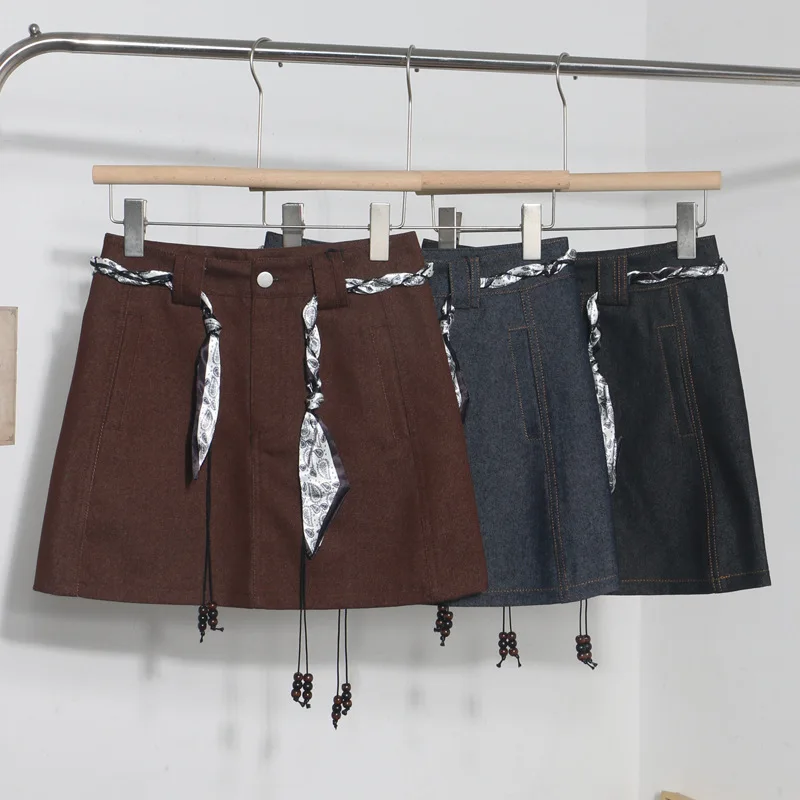 Foulard en soie sangle ceinture rétro taille haute jupe en jean Anti-lumière a-word jupe de hanche