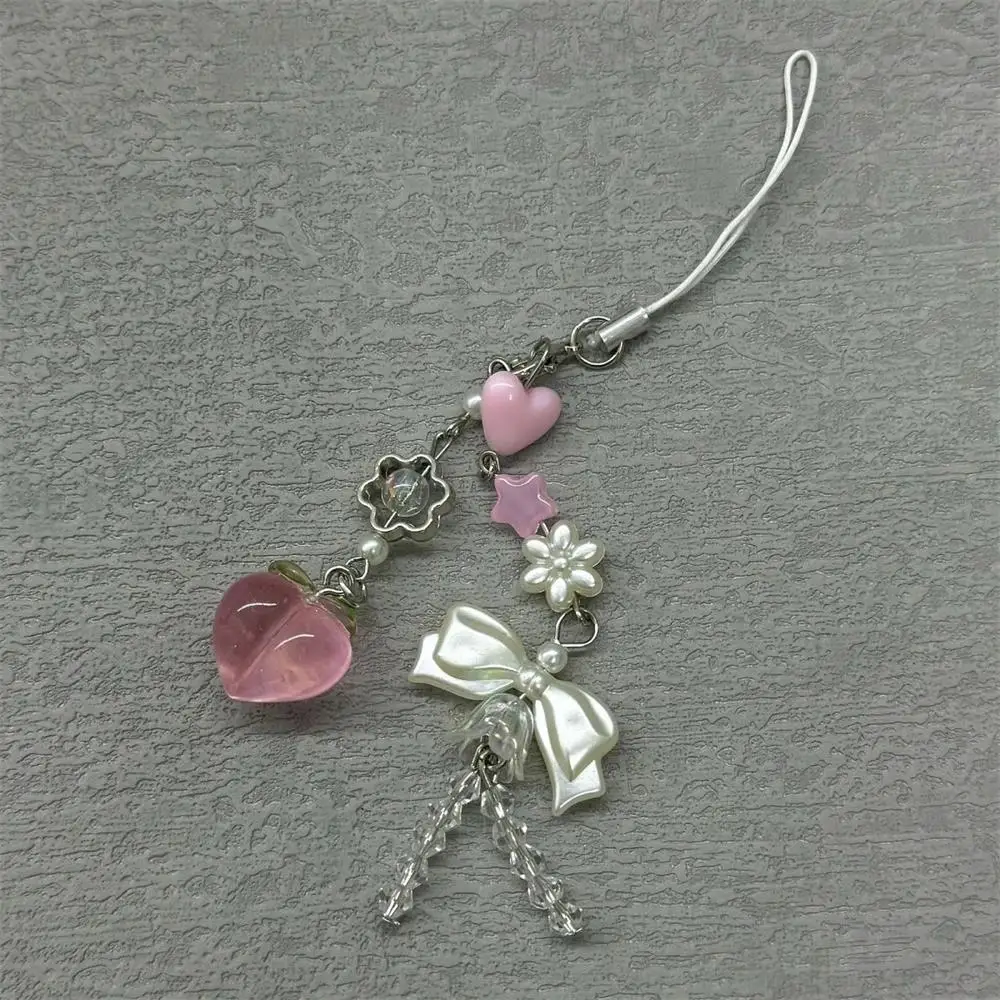 Pink Cute Peach Phone Charms Pendant Cute Bowknot Bead Handmade Sweet Ziai Keychain For iPhone Camera Chain Love Heart Jewelry