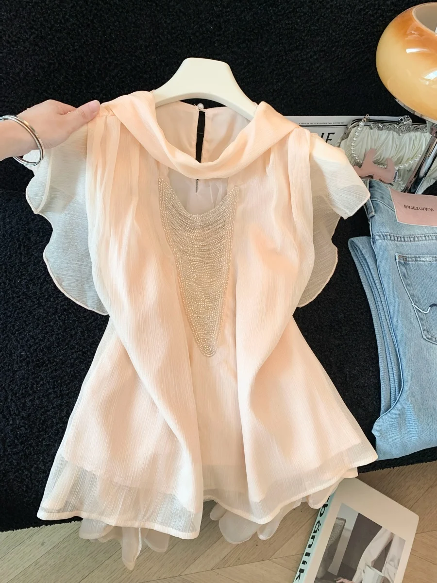 

Summer New Women's Orange Pink Sash Fly Sleeve Shirt Thin Chiffon Short Sleeve Top Unique Beautiful Design Versatile Style