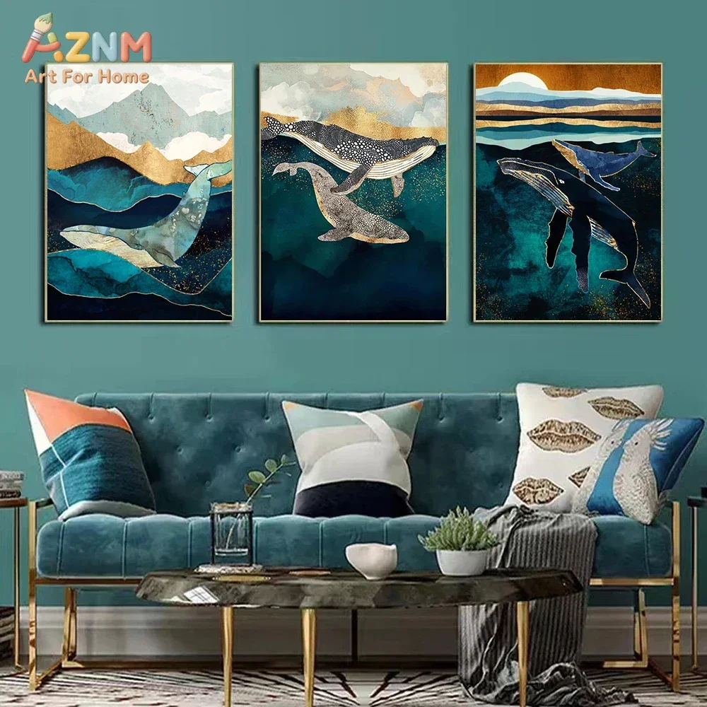 AZNM Abstract Teal Gold Whale Ocean Canvas Wall Art Print Decor