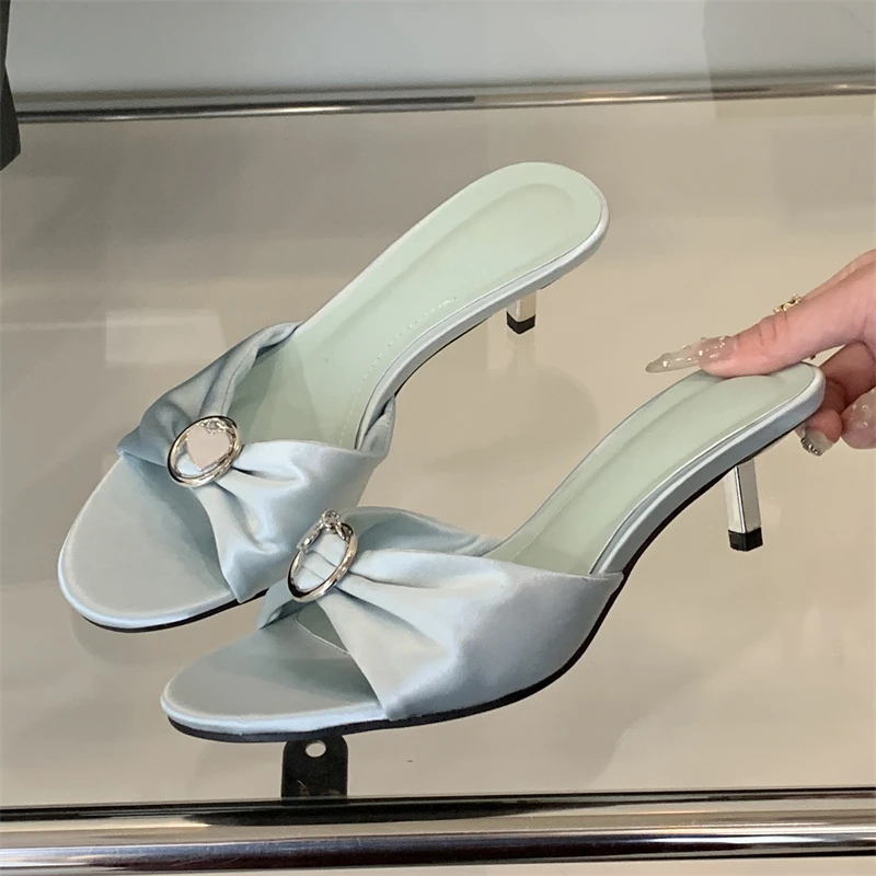 Eilyken Summer Silk CRYSTAL Woman Slippers Fashion Open Toe Thin Low Heels Shoes Stripper Party Slides Zapatos De Mujer
