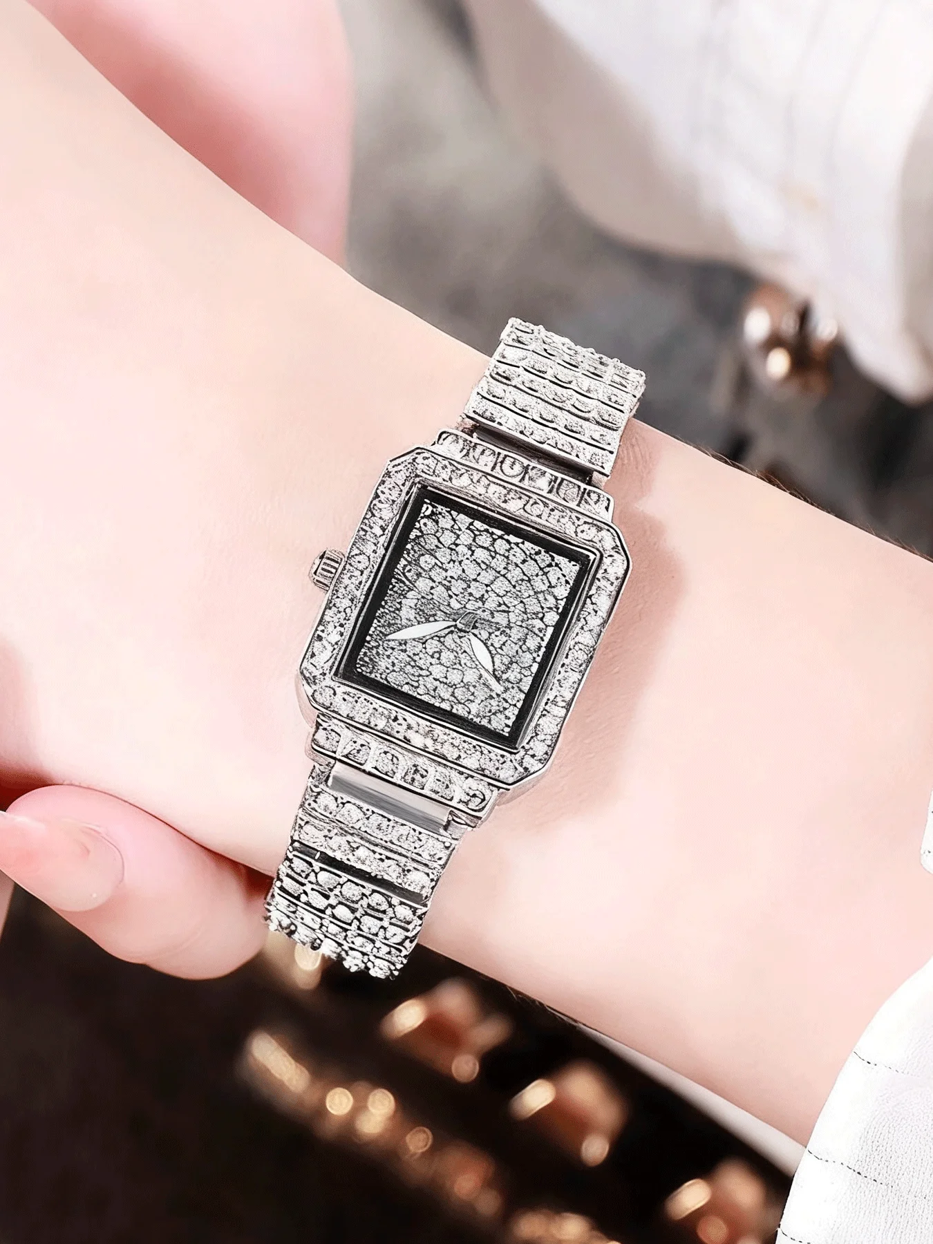 Ensemble de montre entièrement en diamant 3 pièces, montre à quartz carrée pour femmes, ensemble exquis de luxe léger