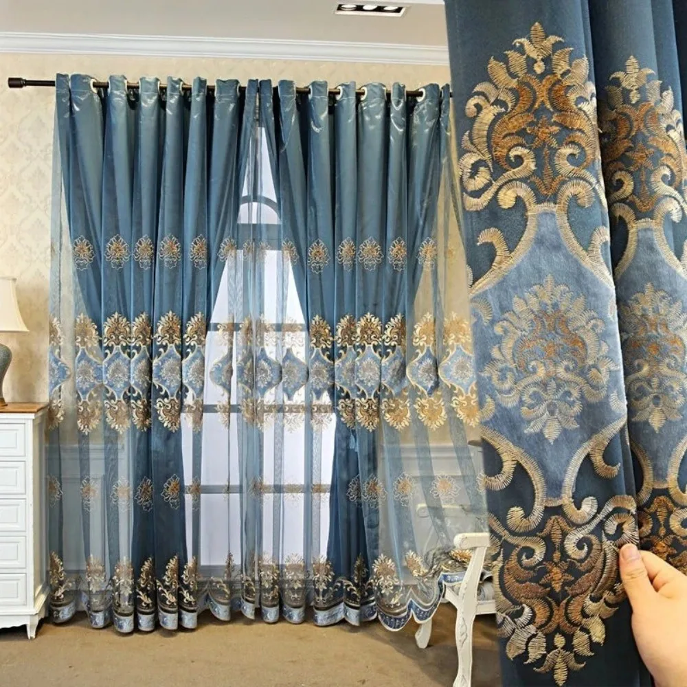 

Интегрированные шторы из тканевой пряжи в европейском стиле, бархатная наклейка, вышитая пряжа для спальни, гостиной, затемняющий синий тюль, индивидуальный комплект
