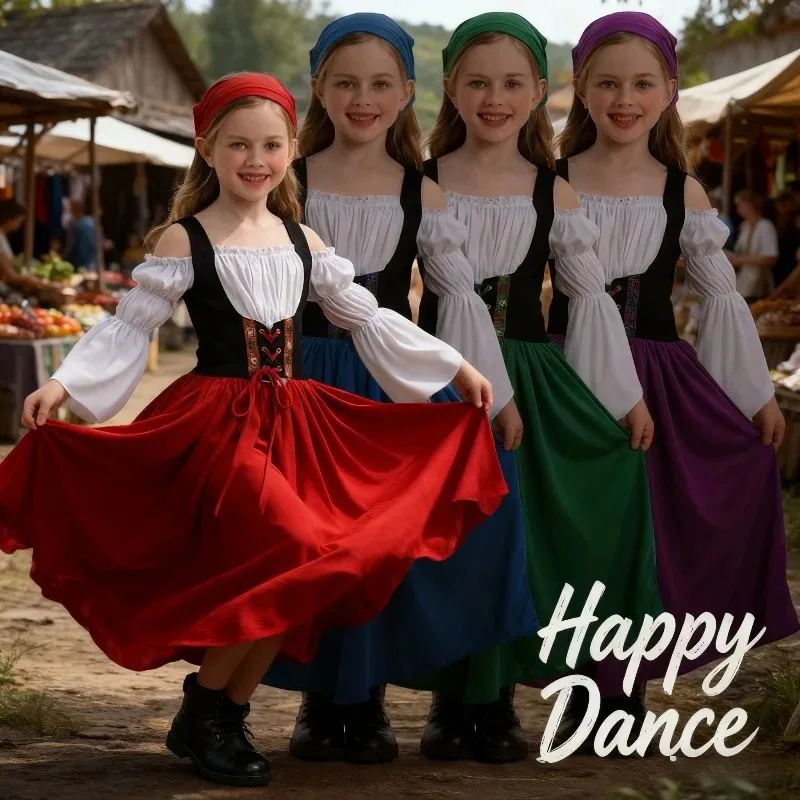 

Костюм фермерки для детей: баварская длинная юбка с фартуком и рубашкой, средневековый наряд для ролевых игр