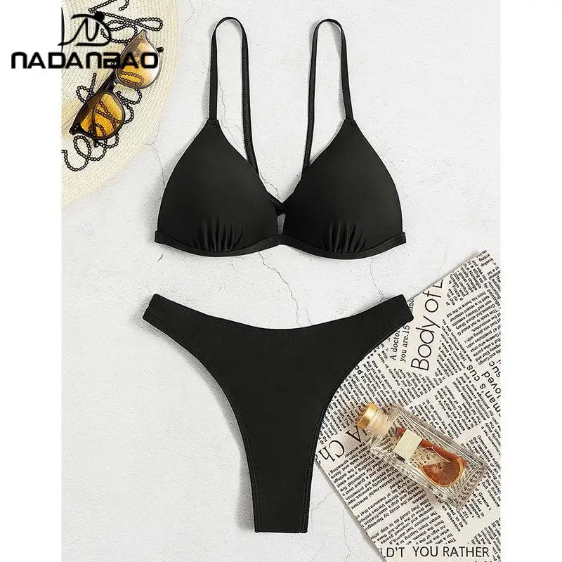 Nadanbao Costume da bagno vintage casual in due pezzi diviso basic da donna sexy tinta unita cravatta posteriore imbottita bikini taglio alto