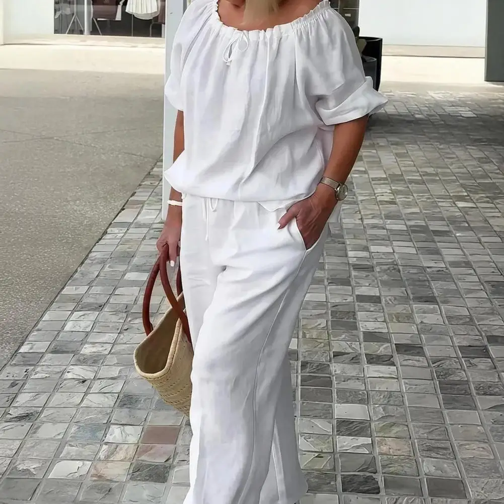 

Summer Cotton Linen 2 Piece Outfits for Women Casual Short Sleeve Drawstring Crew Neck Top And Wide-Leg Pants Lounge Relaxed Fit