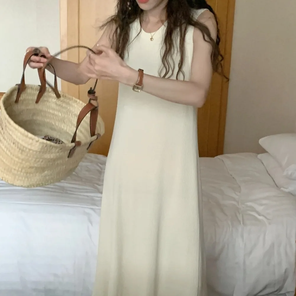Beige Knitted Sleeveless Long Tank Dress Women Summer Simple Cozy Pit Strip Pullover Maxi Sundress Female Woman Clothes 2025