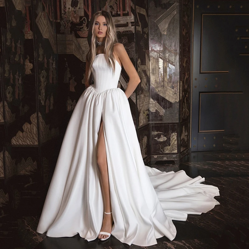 فساتين زفاف Eightree Princess على شكل حرف a بدون حمالات بدون أكمام وفتحة عالية فستان الزفاف بوهو فساتين حفلات الزفاف حسب الطلب #1