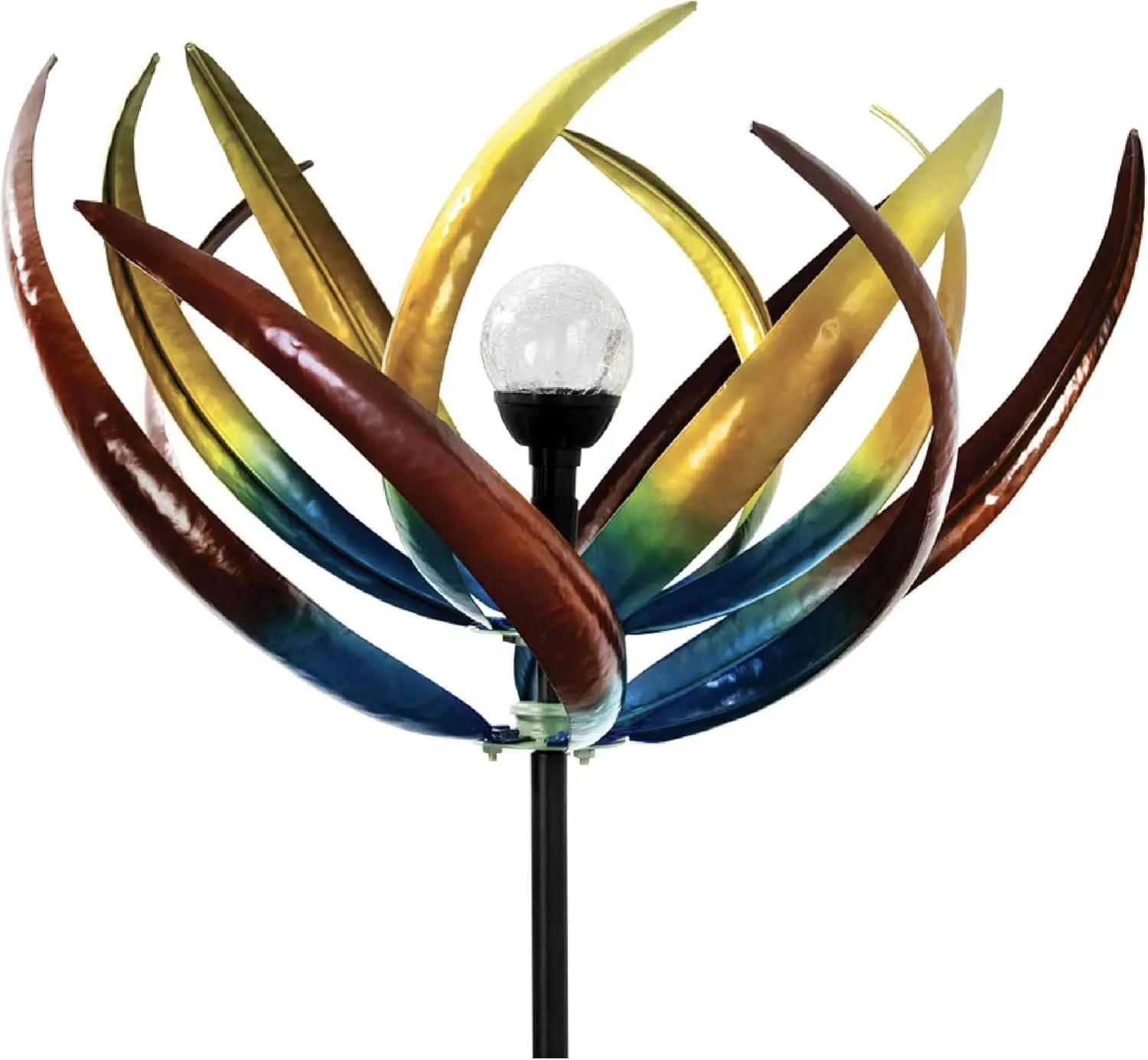 

Colorful Solar Tulip Wind Spinner with Crackle Glass Light, Large Kinetic Garden Sculpture for Outdoor Decor