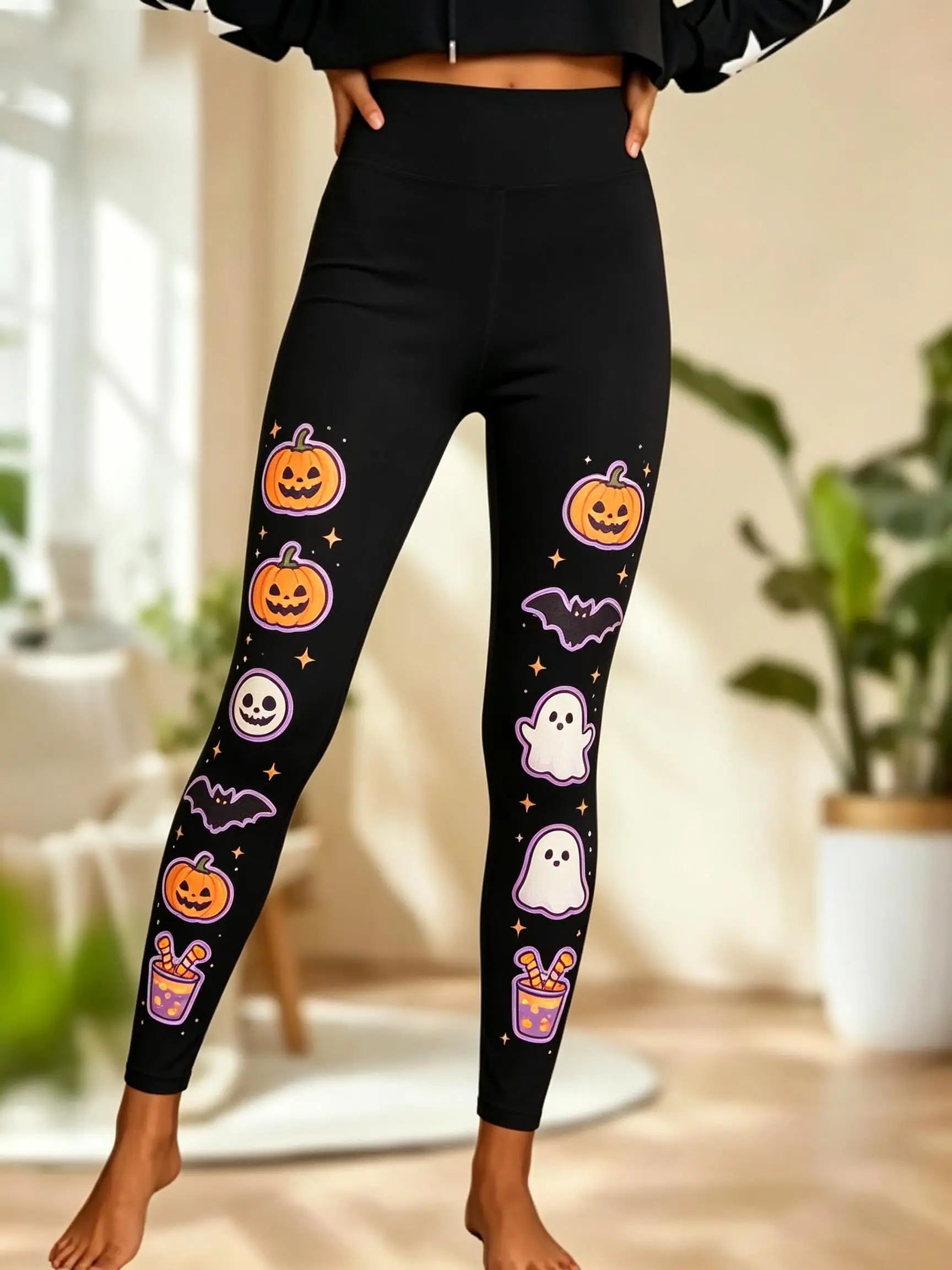 Women Fleece‑lined Mid‑rise Leggings Pumpkin Maple Leaf Football Latte Print Slim Stretch Fall Halloween Casual Pants