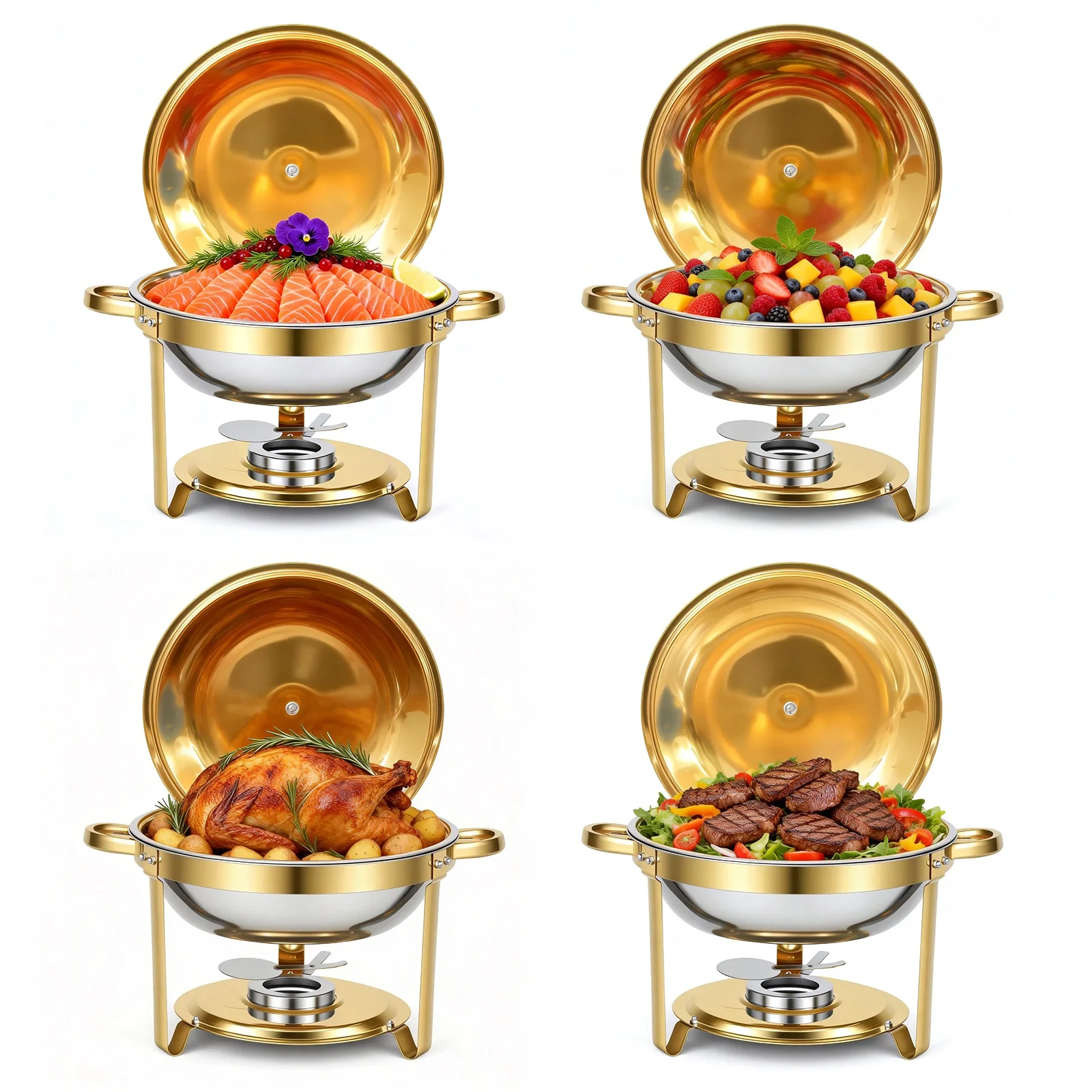 2/4/6 Pack Chafing Dish Buffet Set 5QT Round Gold-Plated Stainless Steel 316 with Glass Lids – Premium Buffet & Hot Pot Serving Set for Parties, Buffets, Weddings, Birthdays