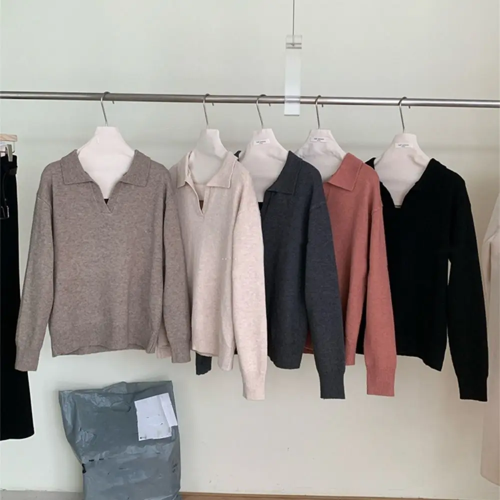 

Comfortable Solid Color Flip Collar Cardigans Loose Ins Long Sleeved knitwear Pullover Simple Knitted Top for Women Spring