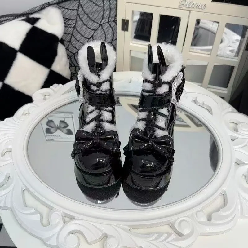 

Lovely Girls Lolita Winter Ankle Snow Boots,Plush Warm Hairball Bowknots Wedge Heel Heightening Platform Shoes