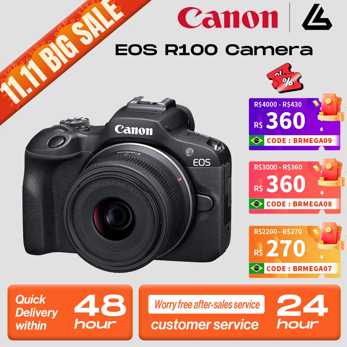 【Do Brasil】Canon EOS R100 Mirrorless Digital Camera APS-C Entry Level with RF-S 18-45mm Lens Kit - New Launch
