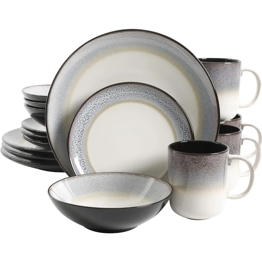 

Rings of Saturn Round Reactive Glaze Stoneware Dinnerware Set, Service for Four (16pcs), Grey and Cream