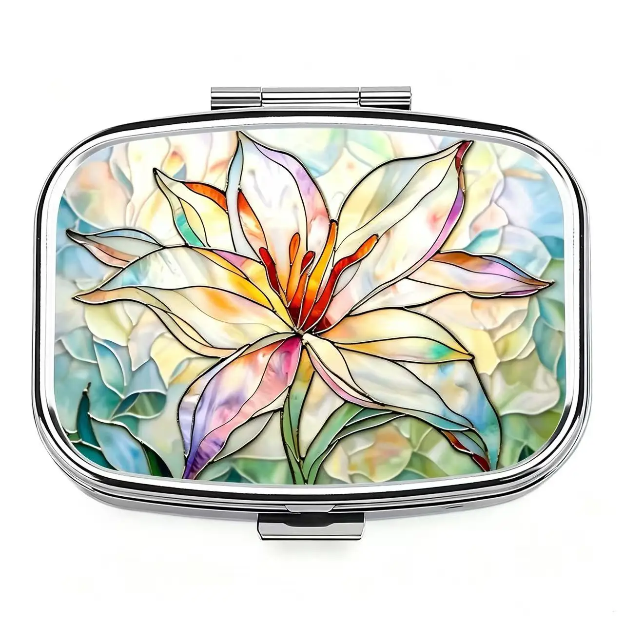 2-Fach Metall-Pillendose, Buntglas-Lilienblumen-Druck Tragbare Taschen-Pillendose, Mini-Reise-Medikamenten-Aufbewahrungsbehälter