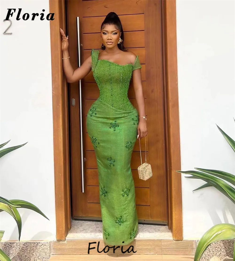 New Elegant Green Straight Evening Dresses Off Shoulder 2024 Arabic Dubai Beaded Crystals Prom Dress Robes De Soiree Party Gowns