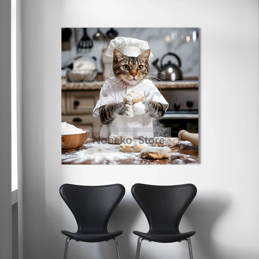 Lovely Cat Baker Making Dim Sum Poster Flour Cute Kitten Prints Canvas Wall Art Pictures Home Kitchen Room Modern Pet Decor