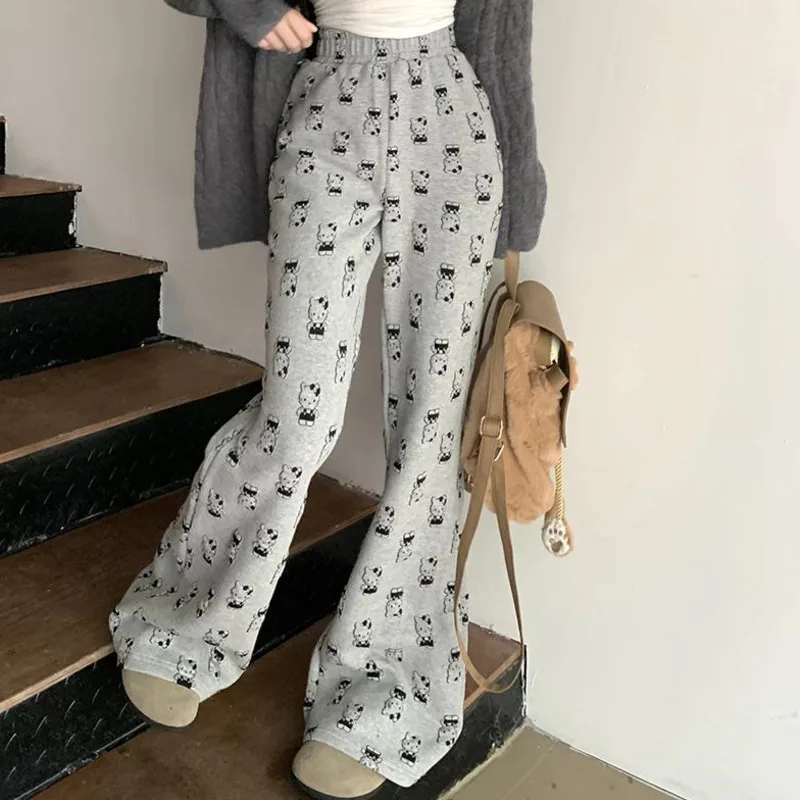 Grey Hello Kitty Cartoon Printed Casual Pants For Women High Waisted Walking Trousers, Slim Fit Straight Leg Micro Flared Pants