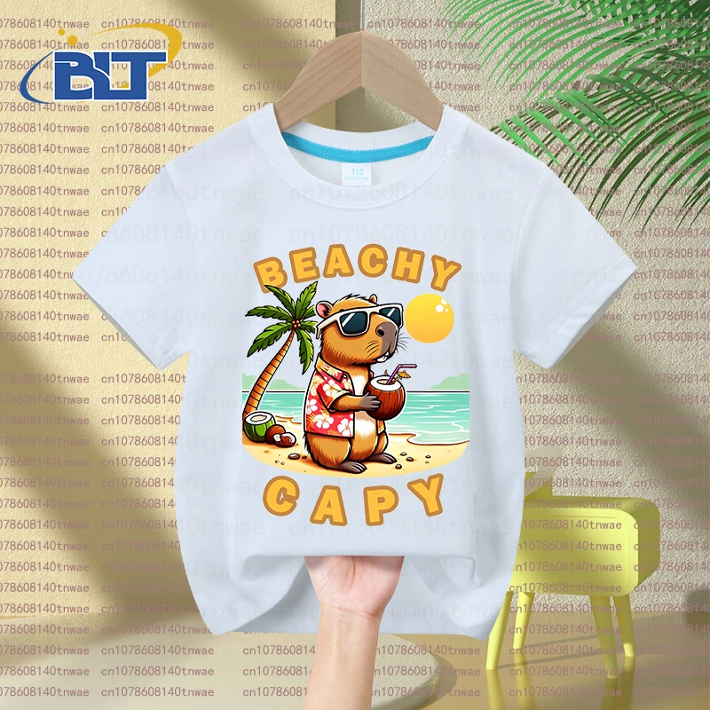 Capybara Beach print kids summer T-shirt set children's cotton short-sleeved shorts 2-piece set for boys and girls