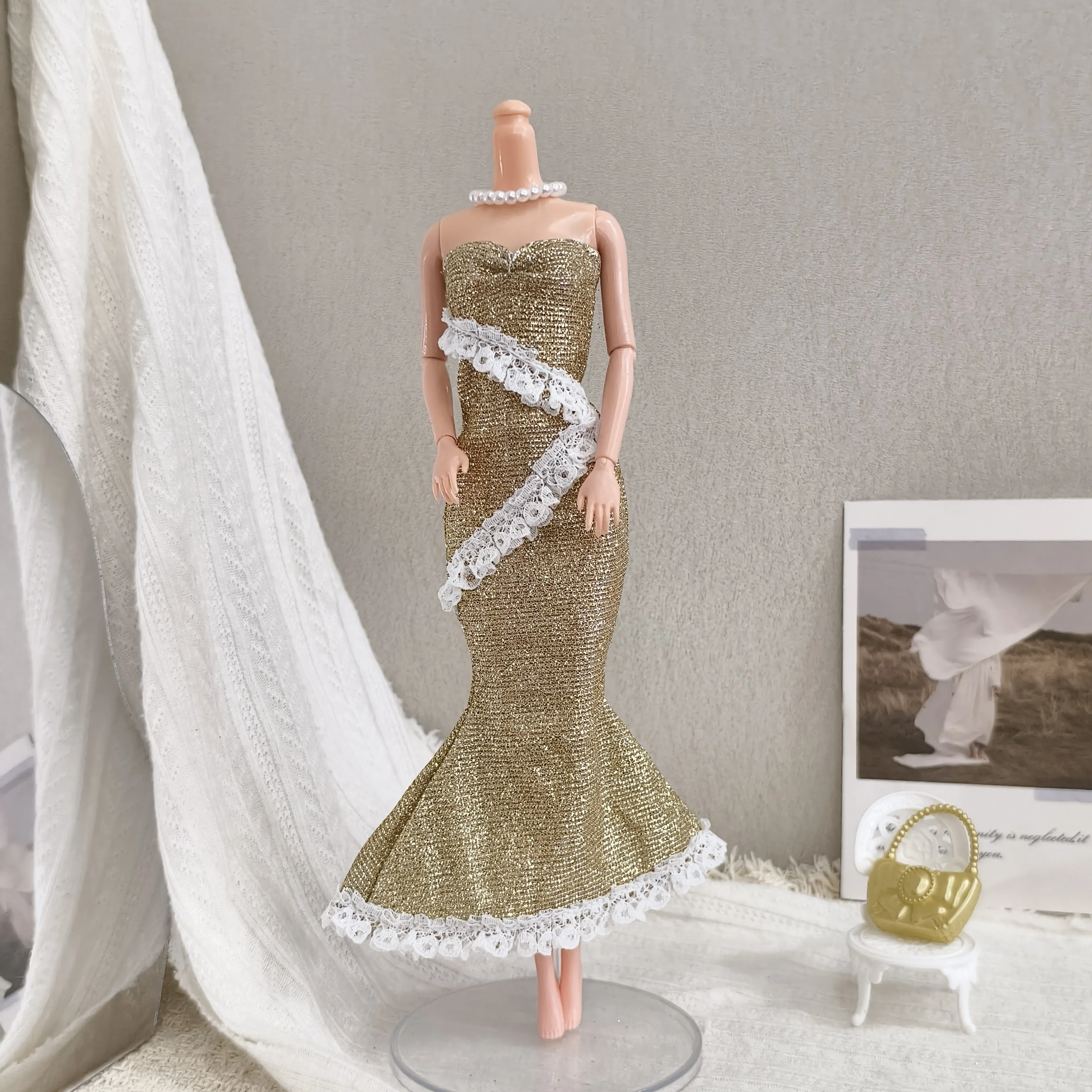 Fashion Gold Lace Fishtail Dress Luxury Elegant Evening Gown For 1/6 FR Babi Supermodel Doll Party Dress Up Clothes Accessories