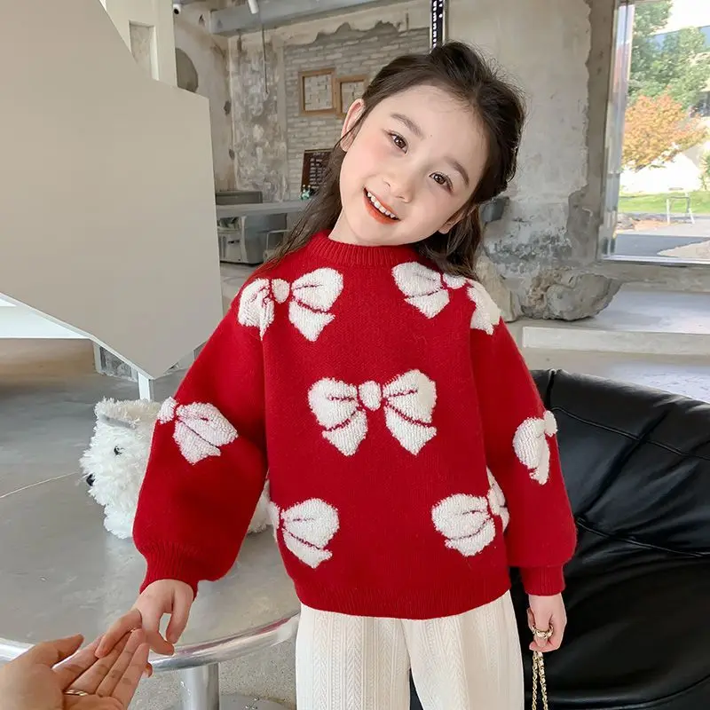 

Красный зимний свитер с бантом для девочек, свободный крой, детский вязаный наряд в корейском стиле, толстый праздничный праздничный свитер для девочек
