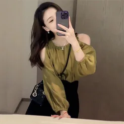 Elegant Blouses Women Sexy Off Shoulder Satin Bandage Stand Collar Long Sleeve Hollow Out Loose Shirts Female Casual Office Tops