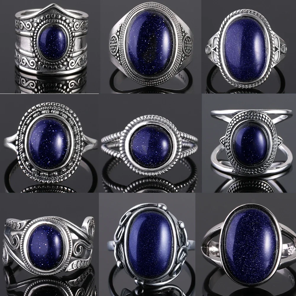 

S925 Sterling SilverRing for Women Oval Round Dropwater Natural Blue Sandstone Ring Gift Sun Shaped Retro Luxury Fine Jewelry