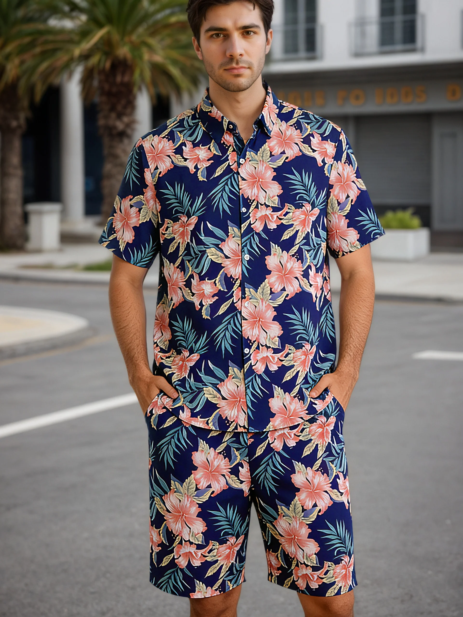 

Мужской летний комплект пижамы: рубашка с коротким рукавом + шорты с карманами, дышащий повседневный комплект для дома с принтом листьев