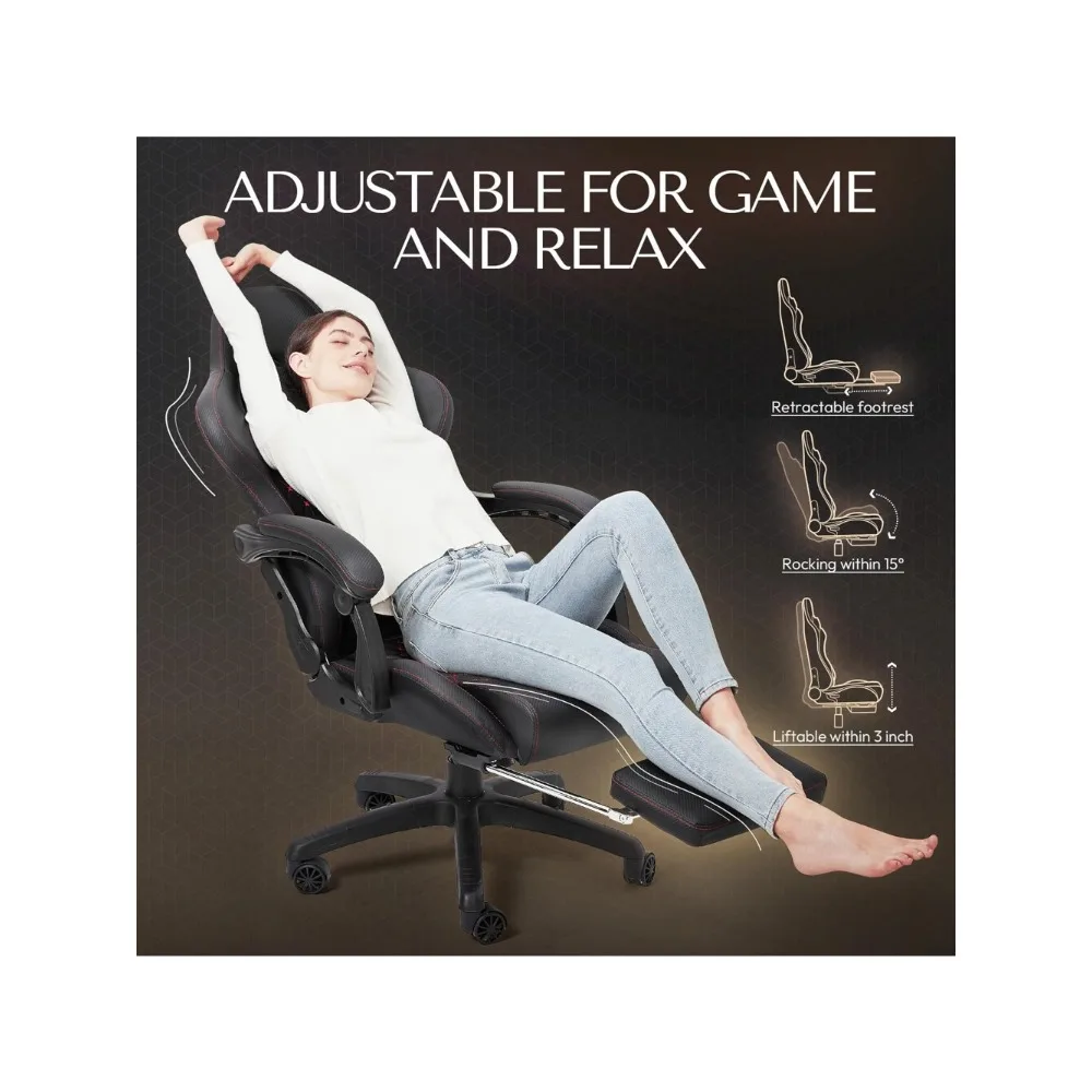 كرسي ألعاب كبير وطويل، كرسي ألعاب مريح للبالغين مع مسند للقدمين، كرسي كمبيوتر مريح عالي الظهر للتدليك L