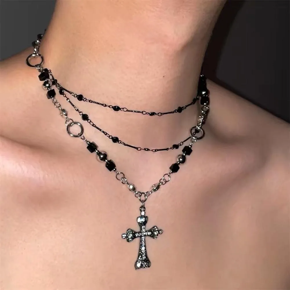 

Y2K Multi Layered Cross Pendant Necklace Female High-End Choker Necklace Accessories for Girls