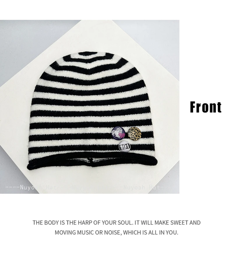 Neue Retro-Strickmützen für Damen und Herren im koreanischen Stil mit gestreiftem Abzeichen, locker geschnitten, warm, vielseitig, modisch, Farbblock-Design, für den Außenbereich – Detail 8