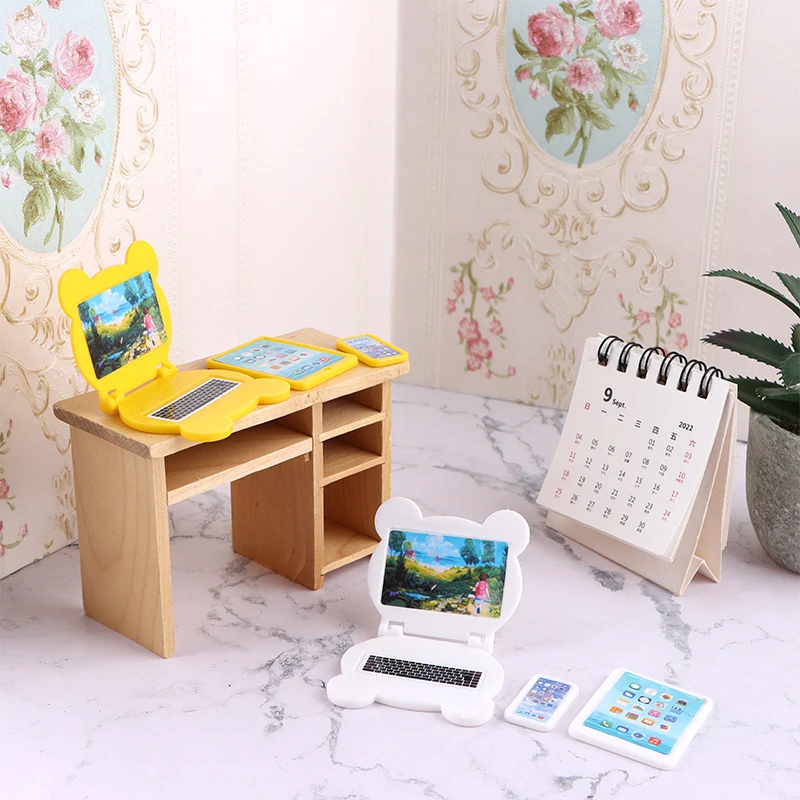 Dollhouse Miniature Folding Laptop Model ComputerTablet Phone Three piece Set Miniature Doll House Office Scene Home Decor Toy