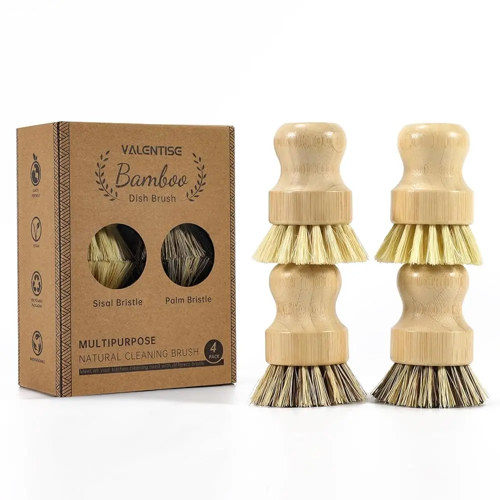 4 Pack Bamboo Dish Brush Set, Natural Palm Dish Scrubber for Pots and Vegetables, Sisal Bristle Bamboo Scrub Brush for Cleani