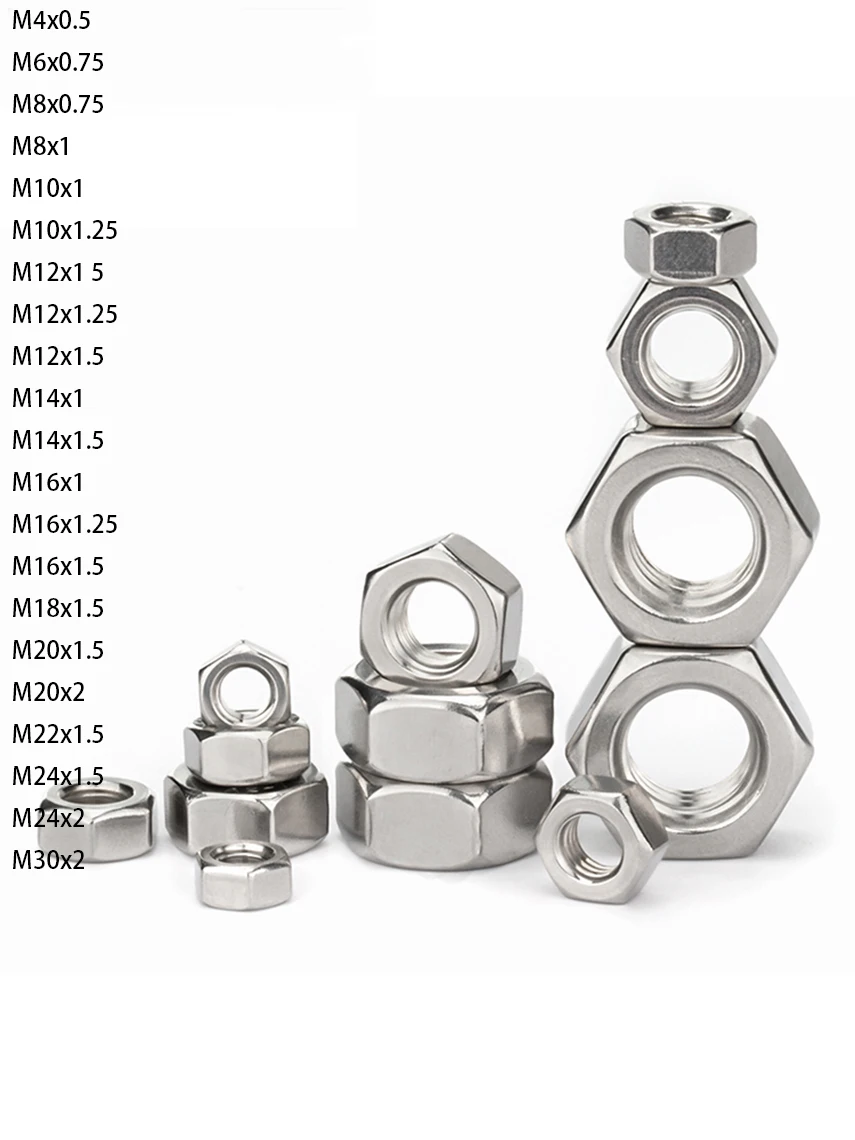 304 Stainless Steel Nut Hexagonal Fine Tooth Hexagonal Nut Fine Tooth M4 - M30 Pitch 0.5~2mm