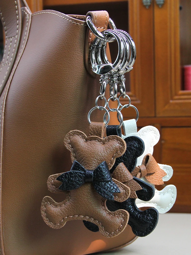 Genuine leather Christmas bag pendant plush teddy bear charm, cute handmade keychain, delicate gift accessory
