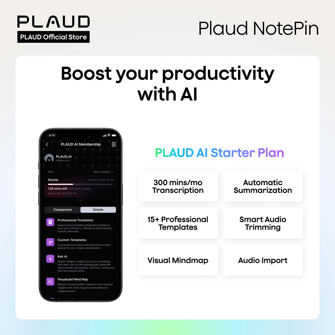 مسجل صوت PLAUD NotePin AI، جهاز ملاحظات AI يمكن ارتداؤه، النسخ الذكي والتغميق