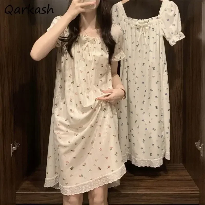 

Floral Nightgowns Women Sleepwear Knee-length Sweet Girls Summer Vintage Lace Princess Square Collar Ins Home Cozy Nightdress